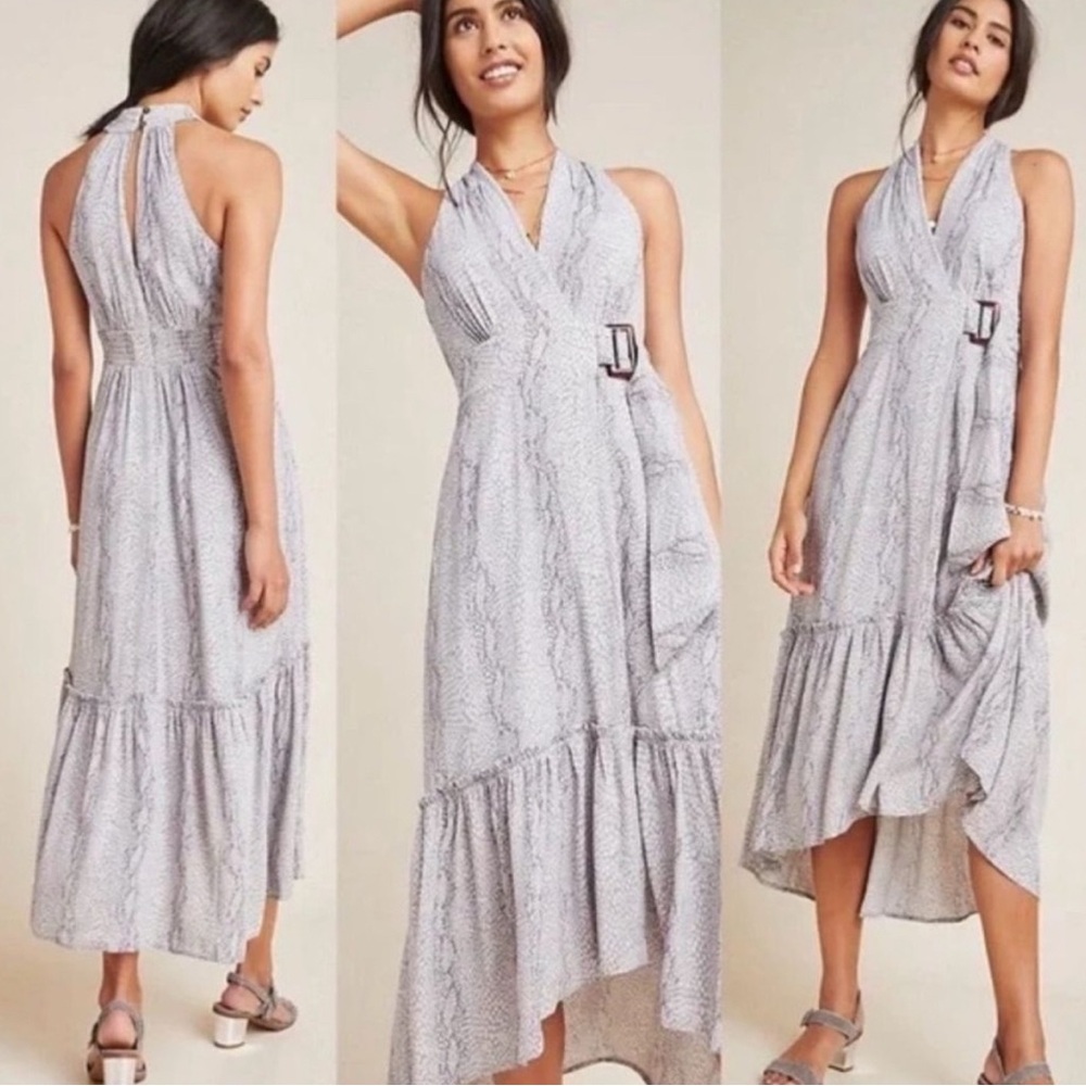 Anthropologie Marfa Sleeveless Faux Wrap Maxi Dress in Grey Snakeskin Print Sz 8